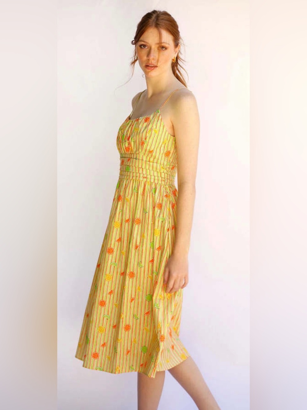 HVN Lucy Strappy Cotton Ruched Midi Dress Citrus Stripe Size 2